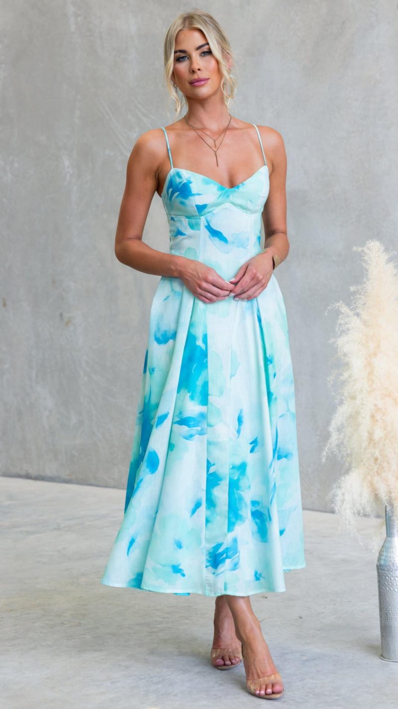 Toperth Green Watercolor Floral Pleated Fit-and-Flare Maxi Dress &ndash; Toperth