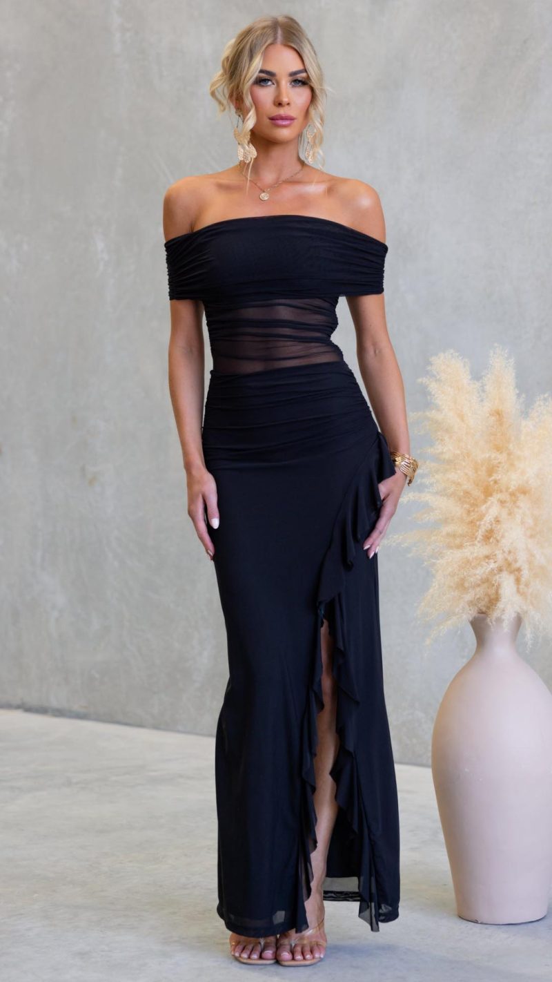 Toperth Black Ruched Mesh Off-Shoulder Maxi Dress &ndash; Toperth