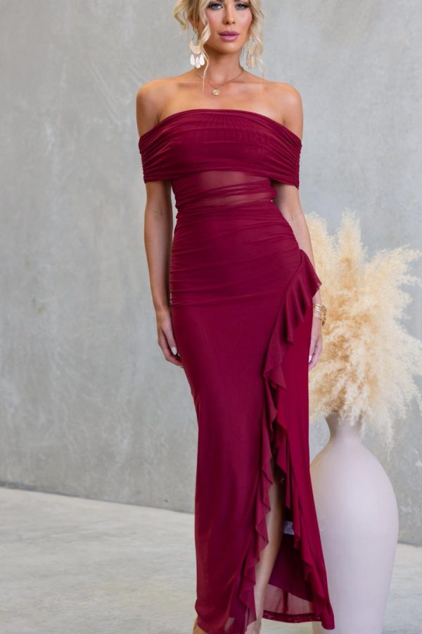 Toperth Burgundy Ruched Mesh Off-Shoulder Maxi Dress