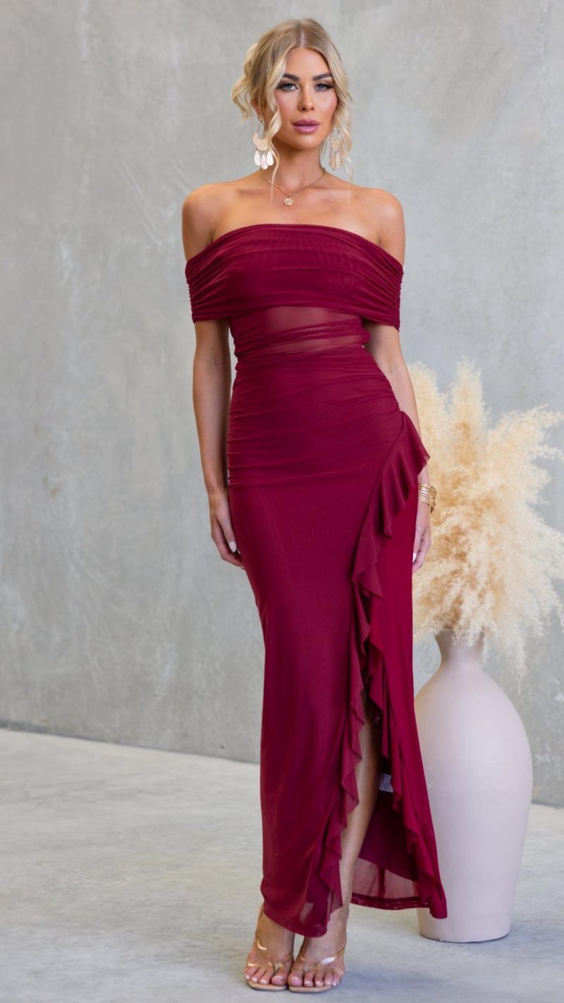 Toperth Burgundy Ruched Mesh Off-Shoulder Maxi Dress &ndash; Toperth