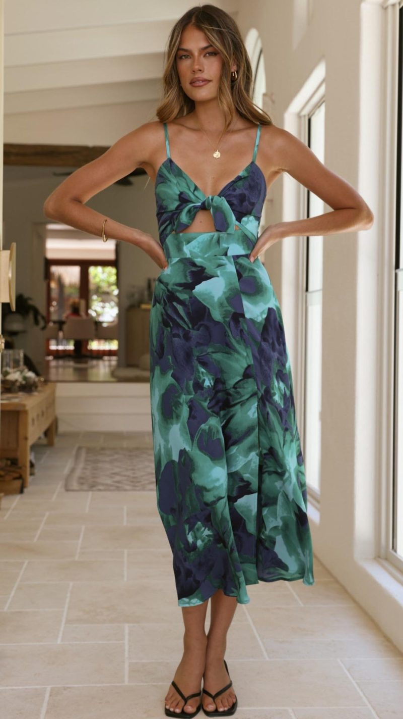 Toperth Emerald Floral Cut-Out Midi Dress &ndash; Toperth