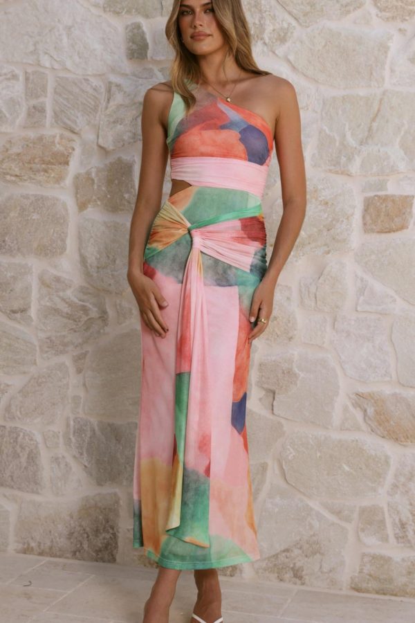 Toperth Multi Abstract One-Shoulder Gathered Maxi Dress