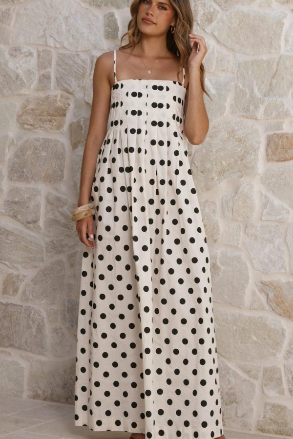 Toperth White/Black Spot Pleated Cotton Maxi Dress
