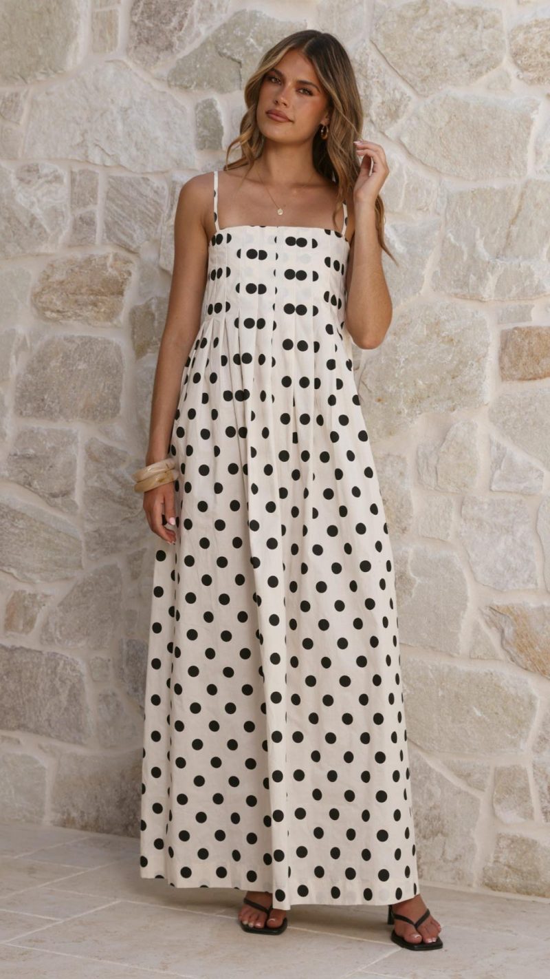 Toperth White/Black Spot Pleated Cotton Maxi Dress &ndash; Toperth