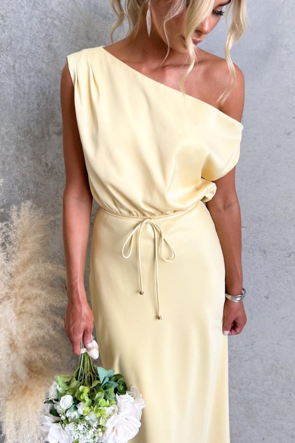 Toperth Butter Yellow Draped Satin One-Shoulder Maxi Dress