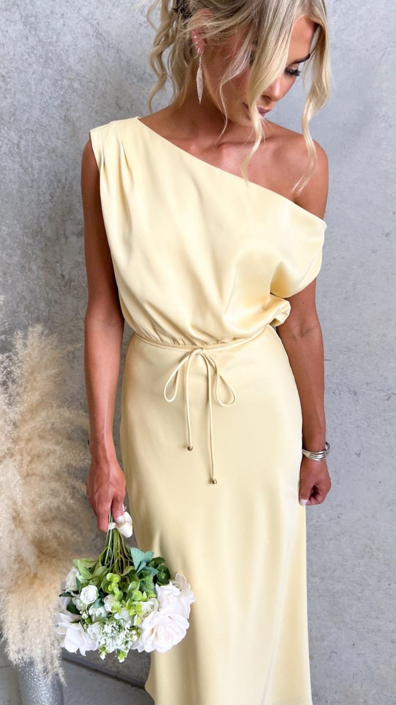 Toperth Butter Yellow Draped Satin One-Shoulder Maxi Dress &ndash; Toperth
