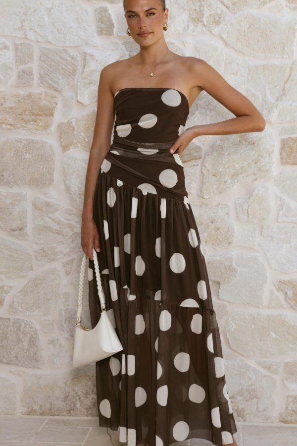 Toperth Chocolate Spot Sheer Overlay Strapless Maxi Dress