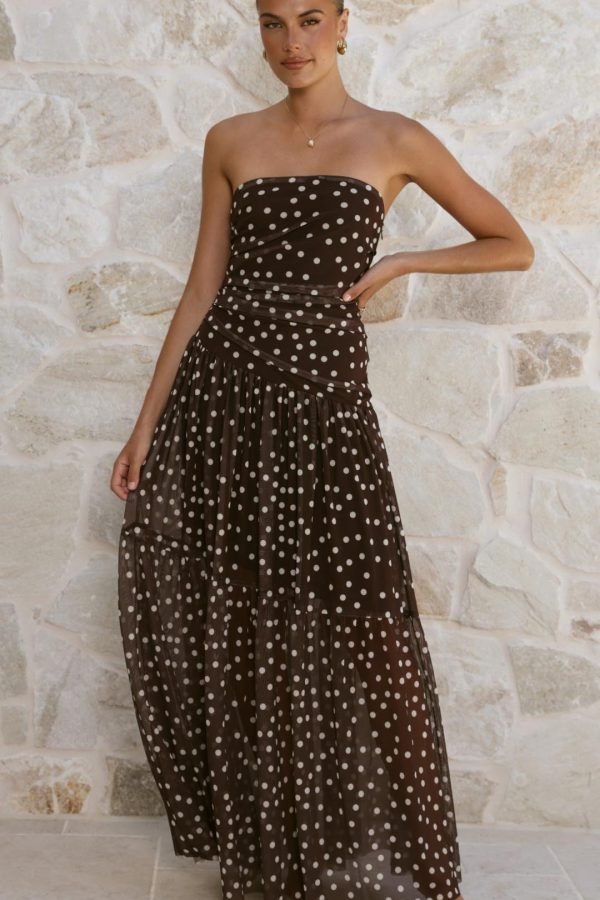 Toperth Chocolate Polka Dot Tiered Strapless Maxi Dress
