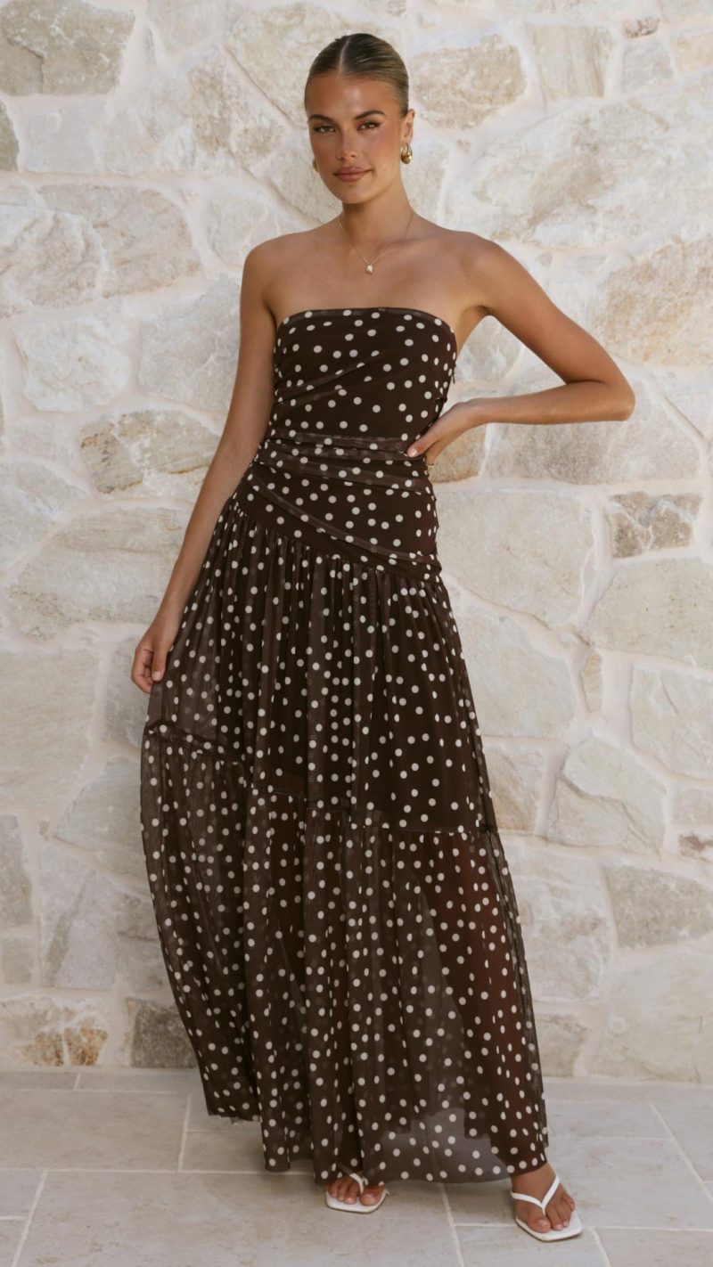 Toperth Chocolate Polka Dot Tiered Strapless Maxi Dress &ndash; Toperth