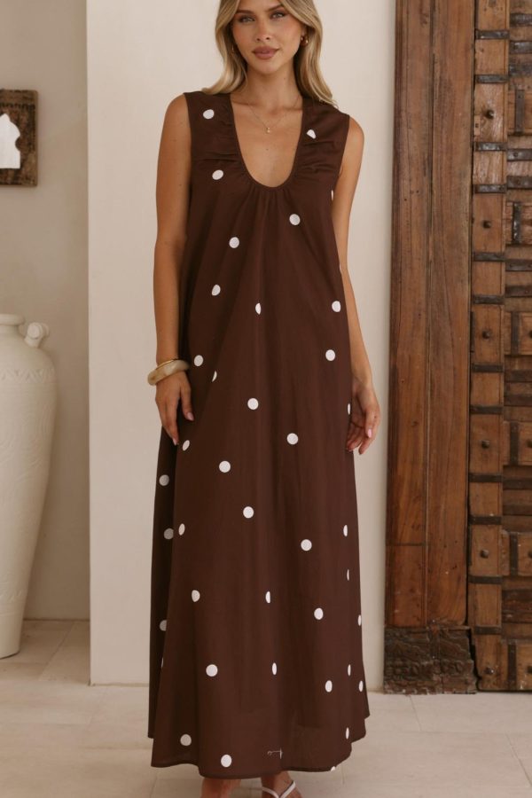 Toperth Chocolate Polka Dot Gathered A-Line Maxi Dress
