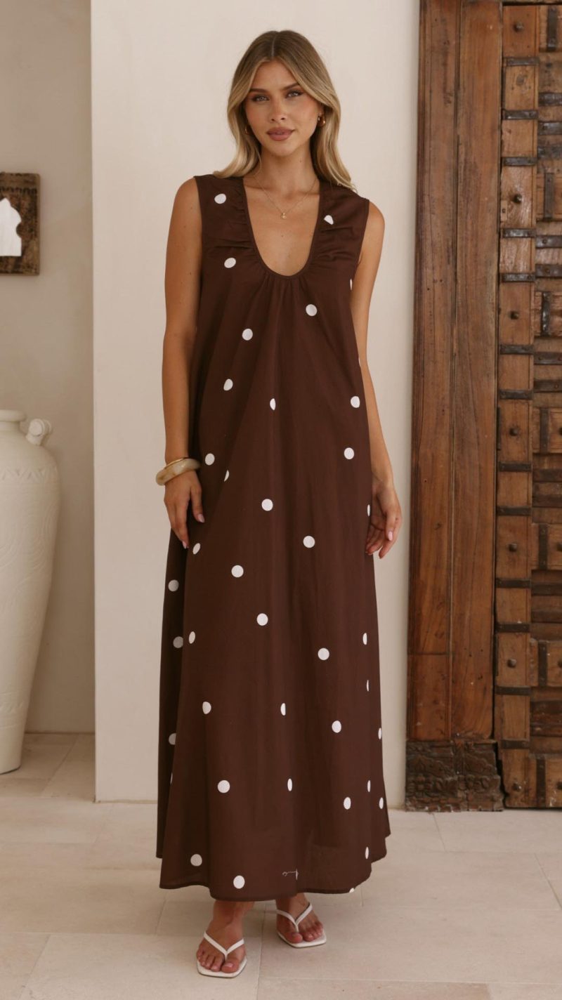 Toperth Chocolate Polka Dot Gathered A-Line Maxi Dress &ndash; Toperth