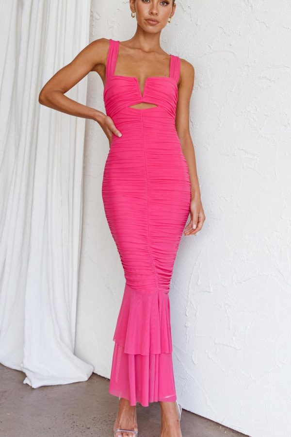 Toperth Hot Pink Ruched Mesh Fishtail Maxi Dress