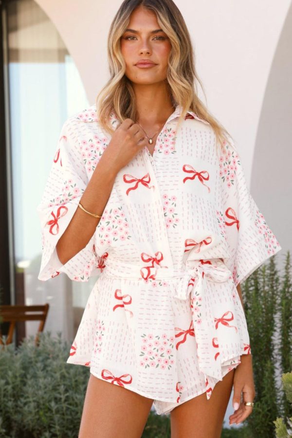 Toperth White/Pink Sweet Bow Print Oversized Playsuit
