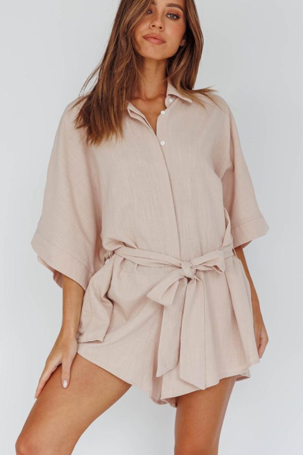 Toperth Sand Wide-Sleeve Belted Romper