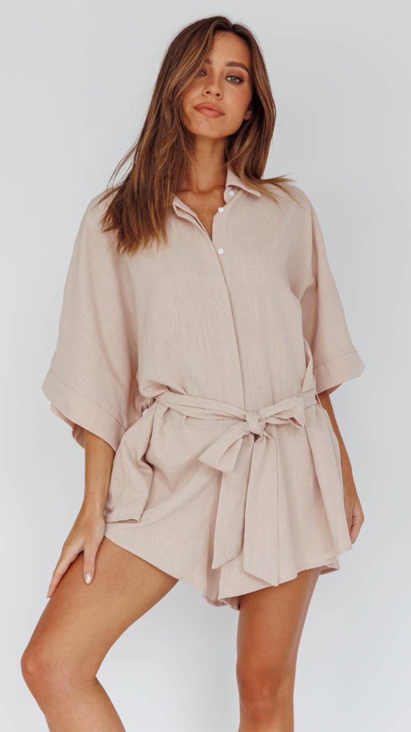 Toperth Sand Wide-Sleeve Belted Romper &ndash; Toperth