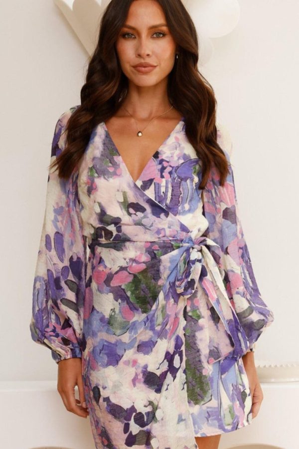 Toperth Purple/Lilac Abstract Long Sleeve Wrap Mini Dress