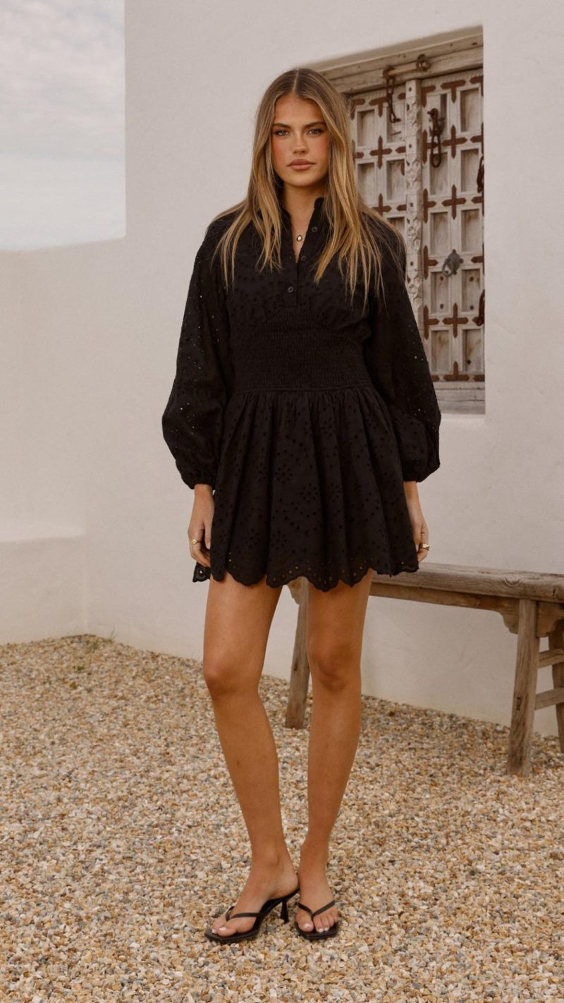 Toperth Black Broderie Shirred Mini Dress &ndash; Toperth