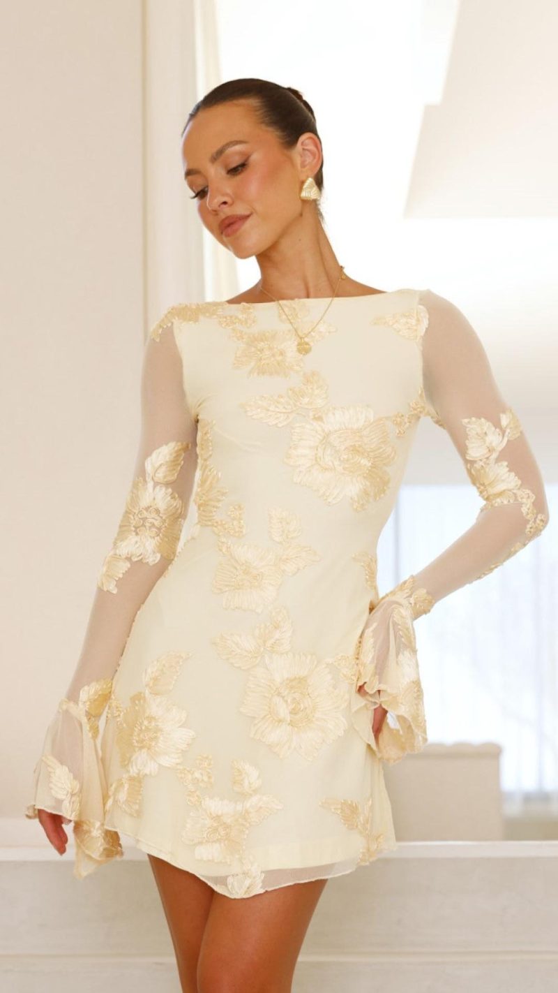 Toperth Yellow Floral Embroidered Flounce-Sleeve Mini Dress &ndash; Toperth