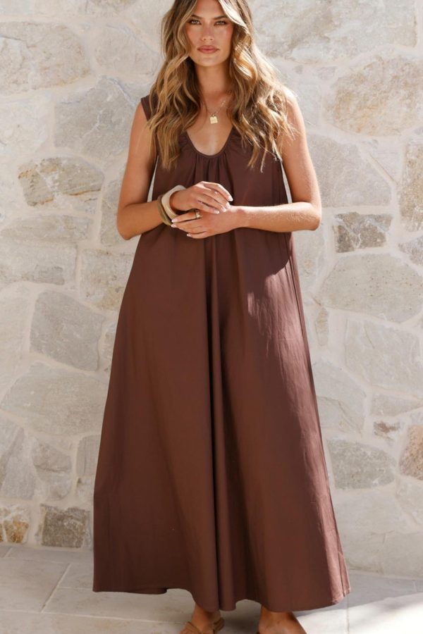 Toperth Brown Gathered-Neck A-Line Maxi Dress