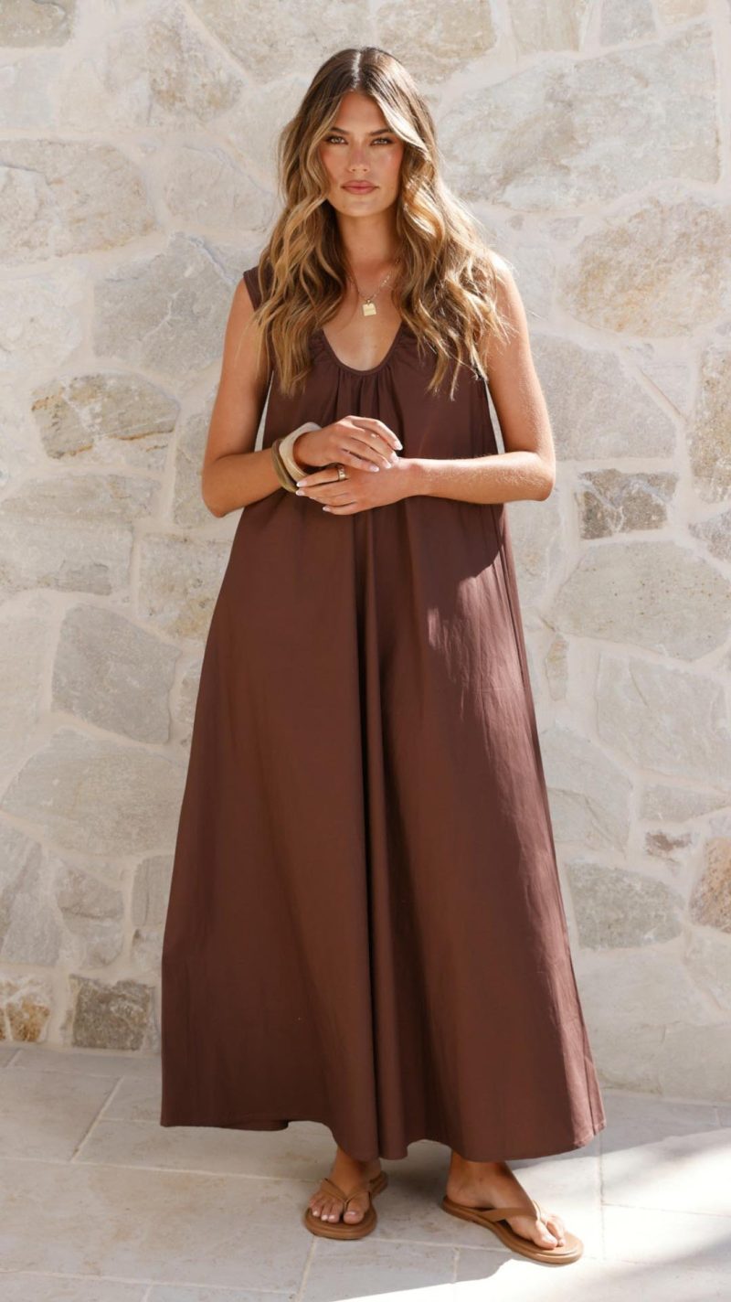 Toperth Brown Gathered-Neck A-Line Maxi Dress &ndash; Toperth