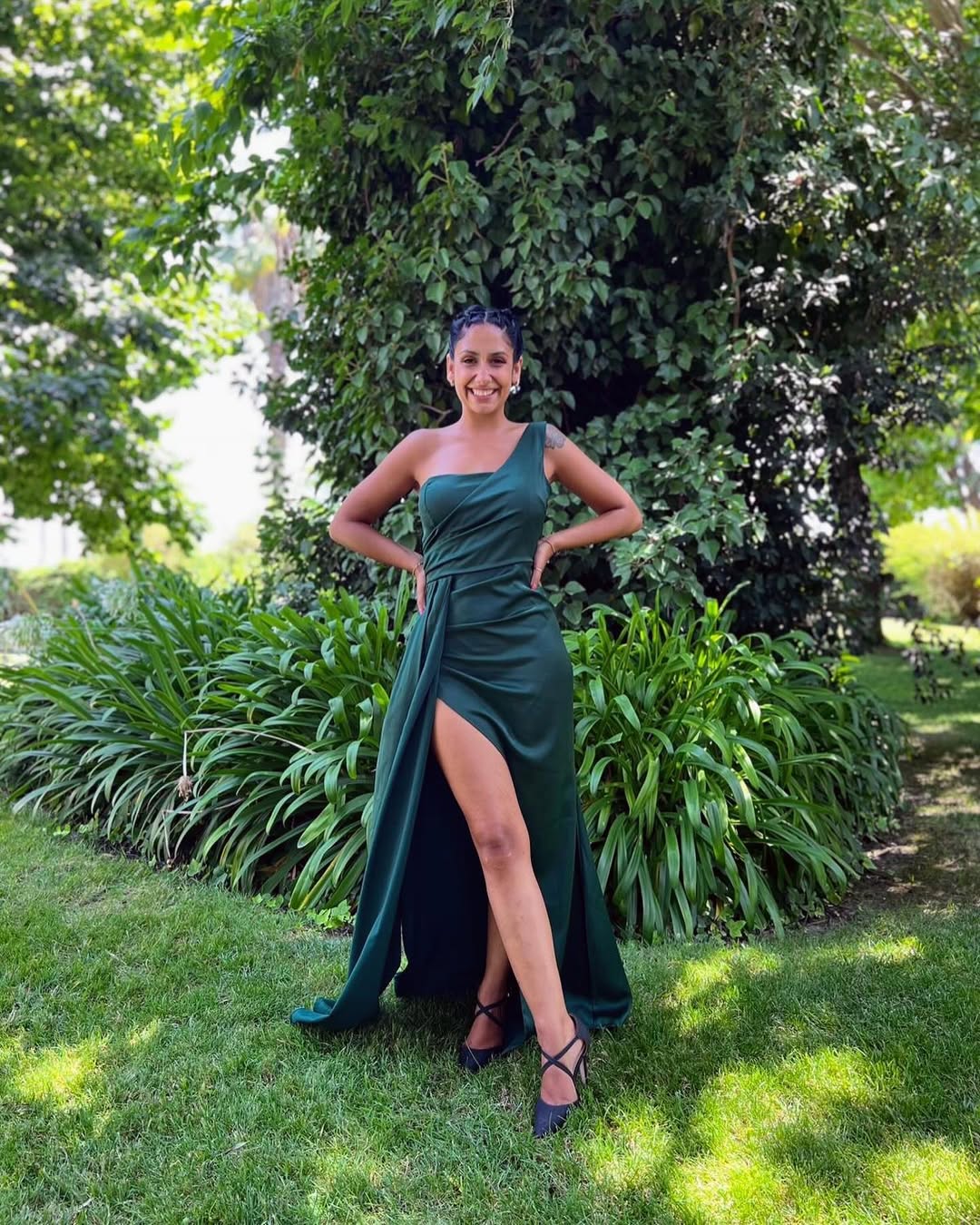 Toperth Emerald Cascading Drape High Slit Satin Maxi Dress photo review