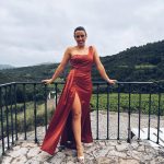 Toperth Rust Cascading Drape High Slit Satin Maxi Dress photo review