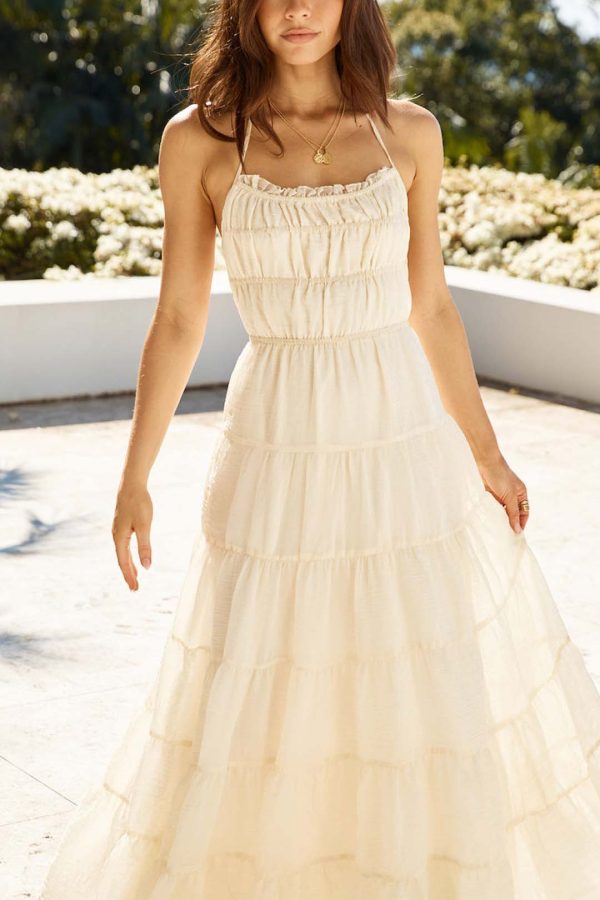 Toperth Beige Tie-Back Shirred Tiered Halter Maxi Dress