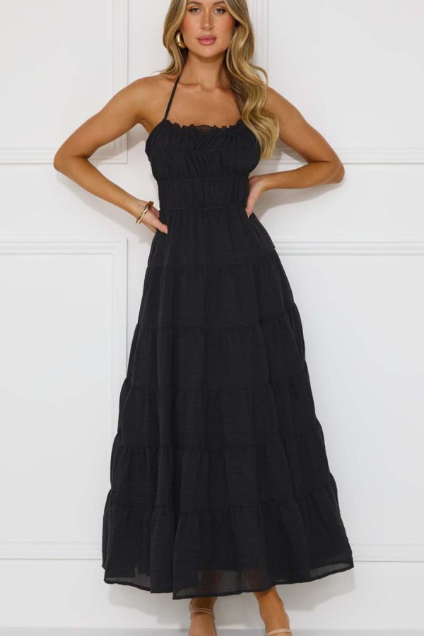 Toperth Black Tie-Back Shirred Tiered Halter Maxi Dress