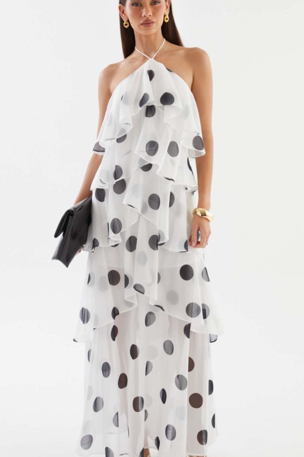 Toperth White Polka Cascading Flounce Sheer Halter Maxi Dress