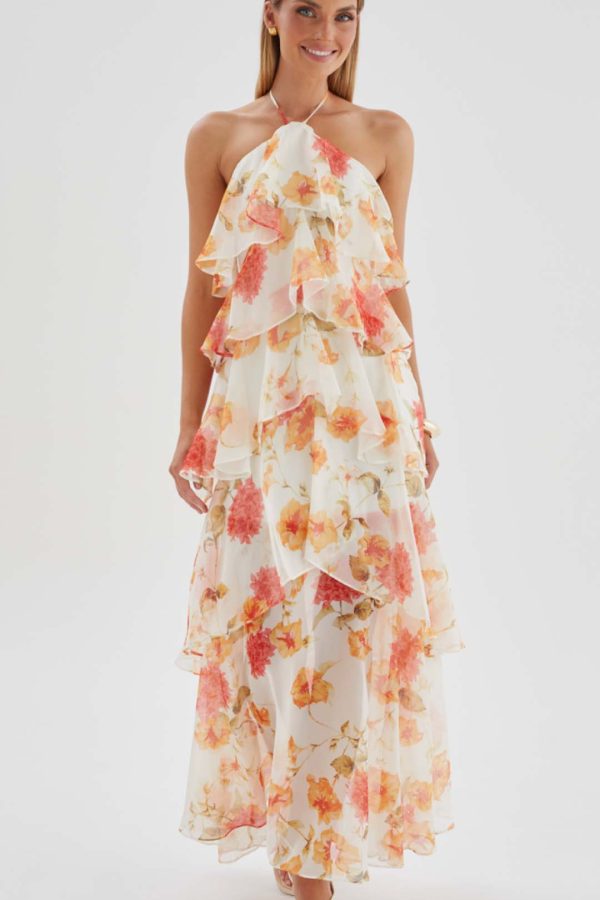 Toperth Marigold Floral Tiered Flounce Halter Maxi Dress