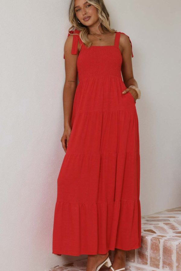 Toperth Red Tie-Strap Pocketed Shirred Maxi Dress