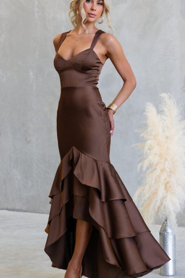 Toperth Brown Tiered Ruffle Bustier Mermaid Maxi Dress