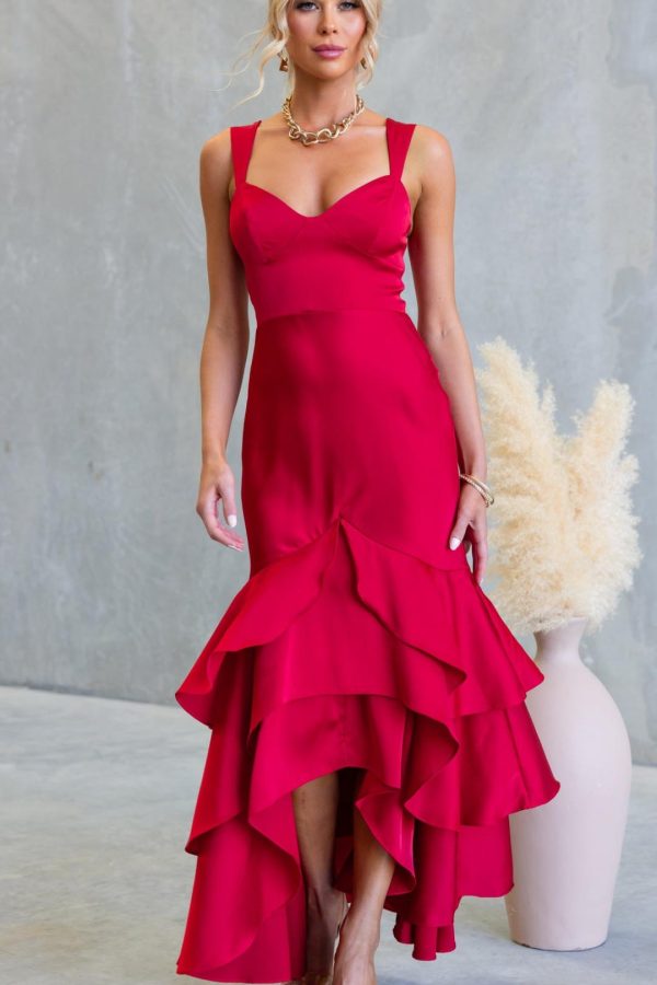 Toperth Red Tiered Ruffle Bustier Mermaid Maxi Dress