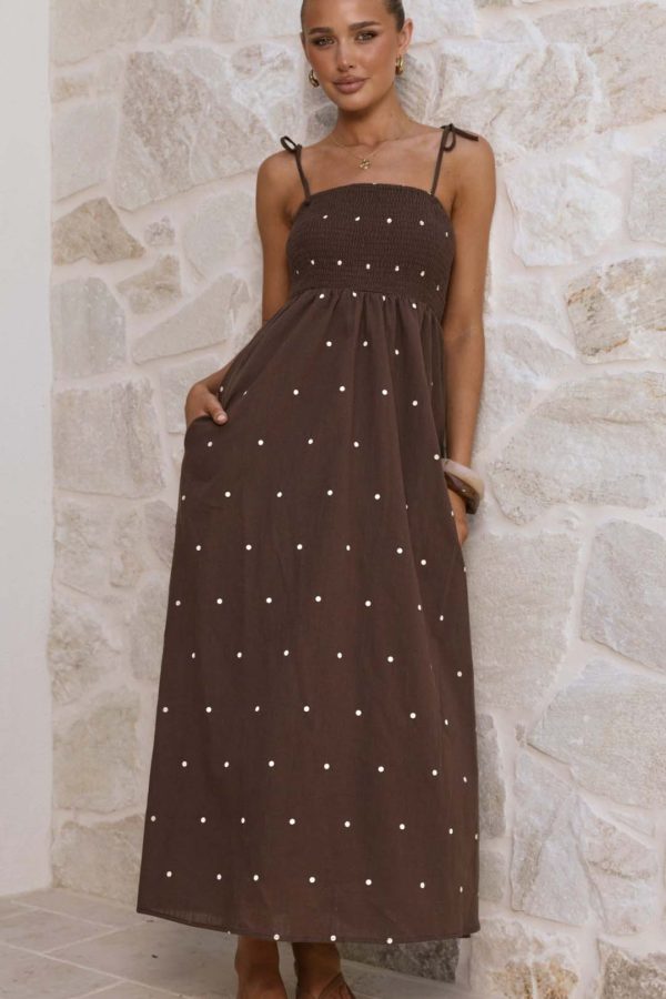 Toperth Chocolate Polka Tied Strap Pocket Maxi Dress