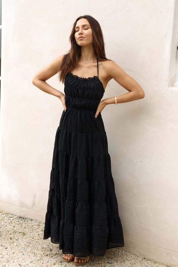 Toperth Black Open Back Tiered Maxi Dress