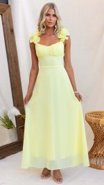 Yellow Ruffle Lace-Up Gathered Bust Maxi Dress