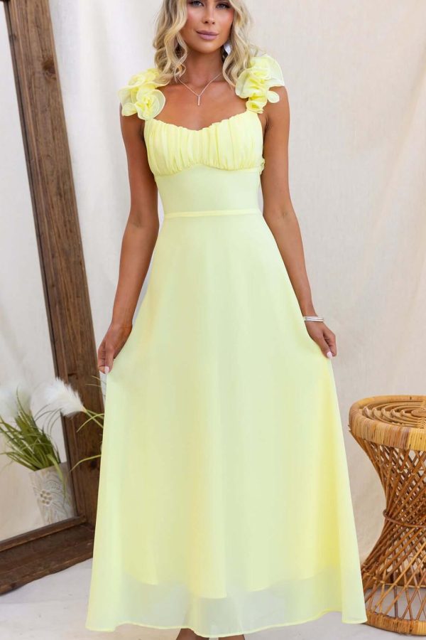Yellow Ruffle Lace-Up Gathered Bust Maxi Dress