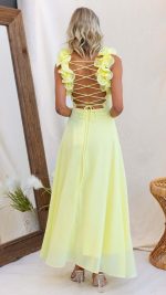 Yellow Ruffle Lace-Up Gathered Bust Maxi Dress