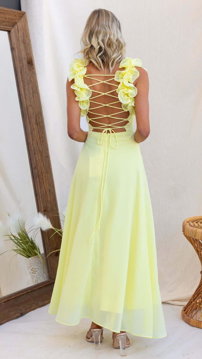 Yellow Ruffle Lace-Up Gathered Bust Maxi Dress