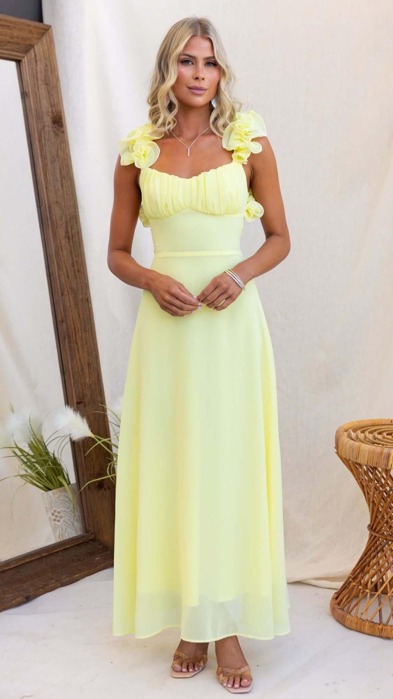 Yellow Ruffle Lace-Up Gathered Bust Maxi Dress