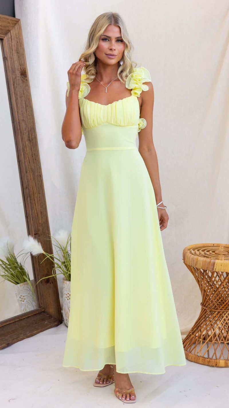 Yellow Ruffle Lace-Up Gathered Bust Maxi Dress