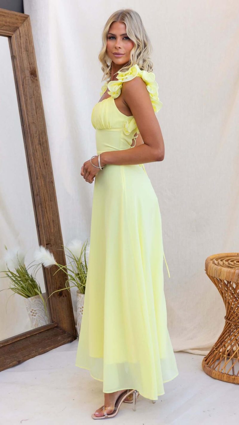 Yellow Ruffle Lace-Up Gathered Bust Maxi Dress