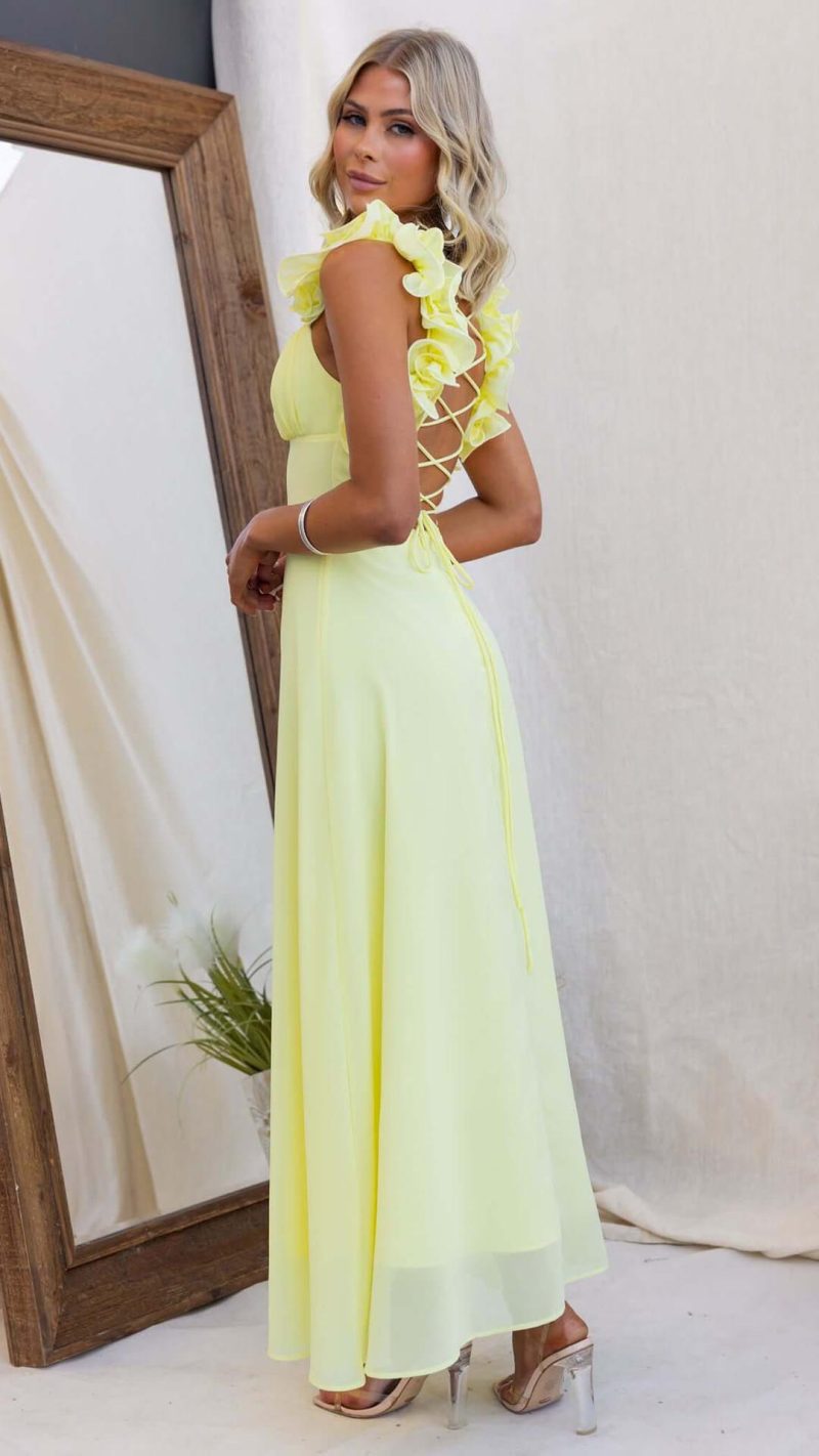 Yellow Ruffle Lace-Up Gathered Bust Maxi Dress