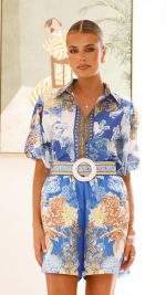 Blue/White Print Balloon Sleeve Border Trim Top
