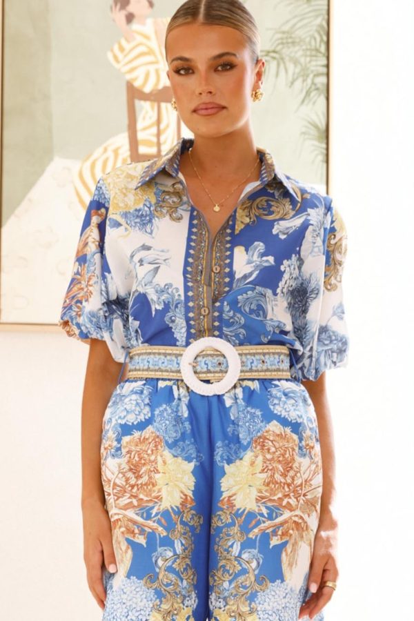 Blue/White Print Balloon Sleeve Border Trim Top