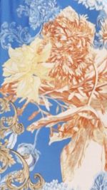 Blue/White Print Balloon Sleeve Border Trim Top