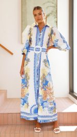 Blue/White Print Balloon-Sleeve Buttoned Maxi Dress