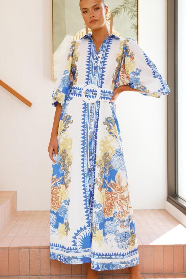 Blue/White Print Balloon-Sleeve Buttoned Maxi Dress