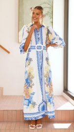 Blue/White Print Balloon-Sleeve Buttoned Maxi Dress