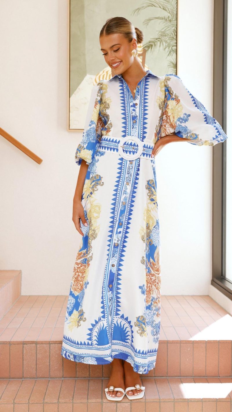 Blue/White Print Balloon-Sleeve Buttoned Maxi Dress